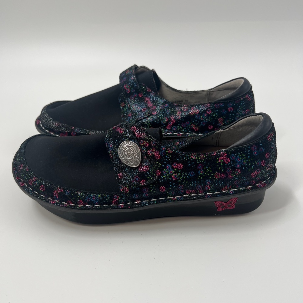Alegria Womens Dream Fit Black Floral Leather Neoprene Clog EU 38